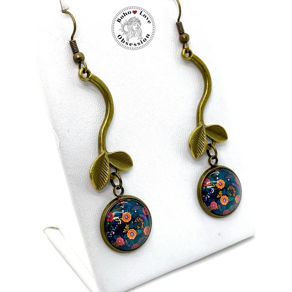 Black Cherry Dangle Earrings, Retro Boho Jewelry, Bohemian Bronze Accessory - Picture 3 of 10